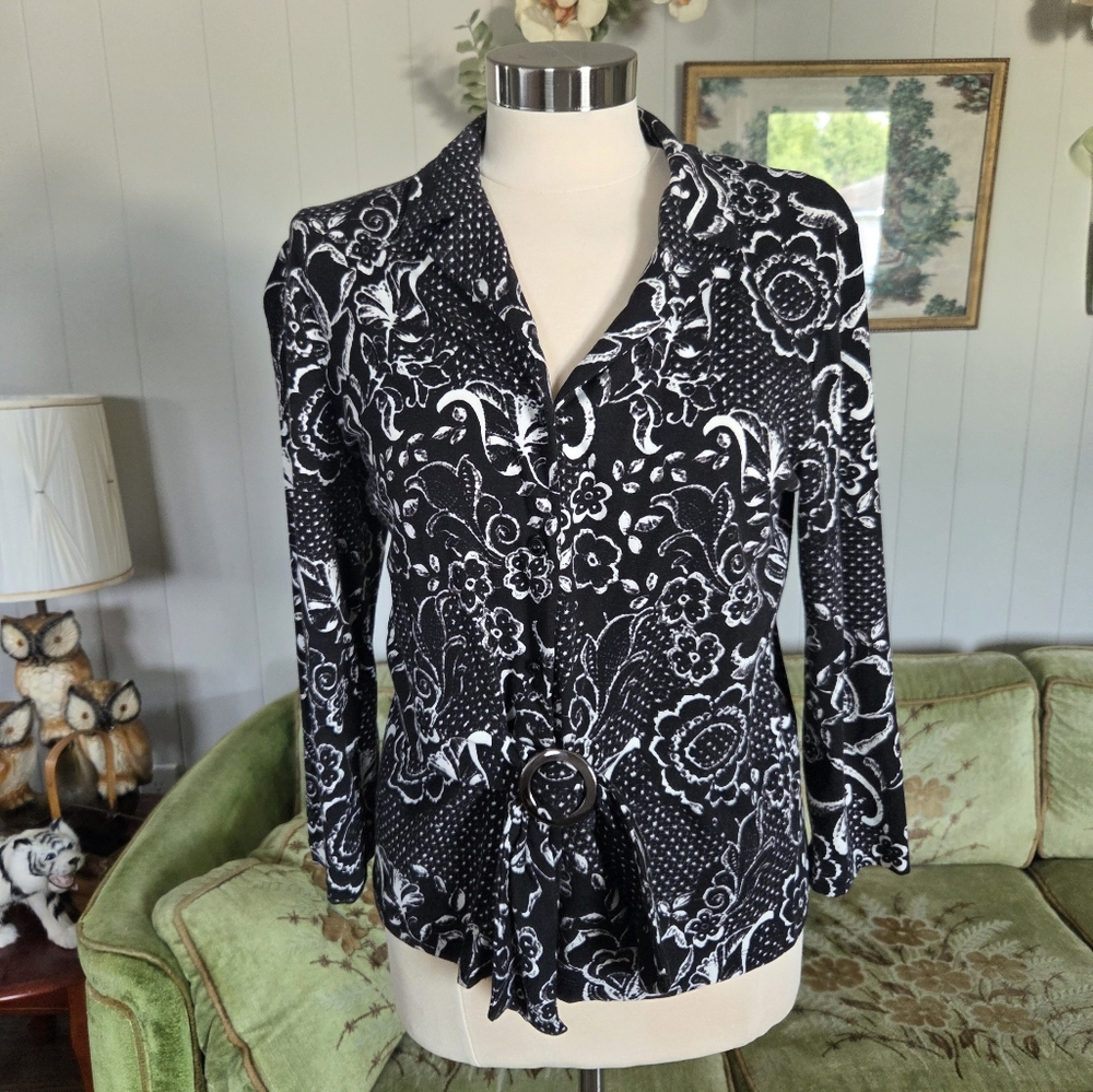 Jones New York Black and White Patterned Blouse
